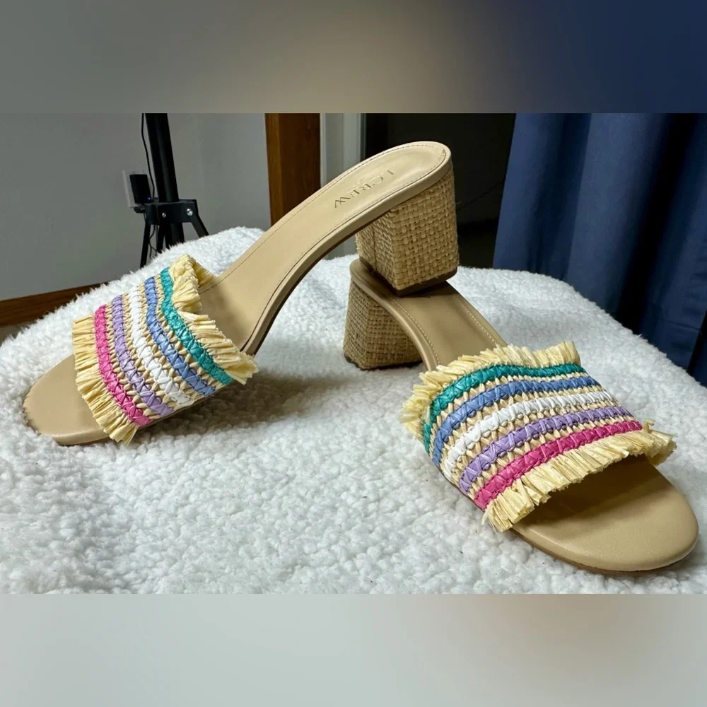 J.Crew Rainbow Raffia Woven Mule Block Heels Size 10